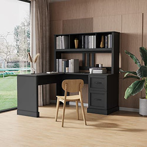 Generic Home Office Computer Desk with Hutch, Antiqued Black Finish