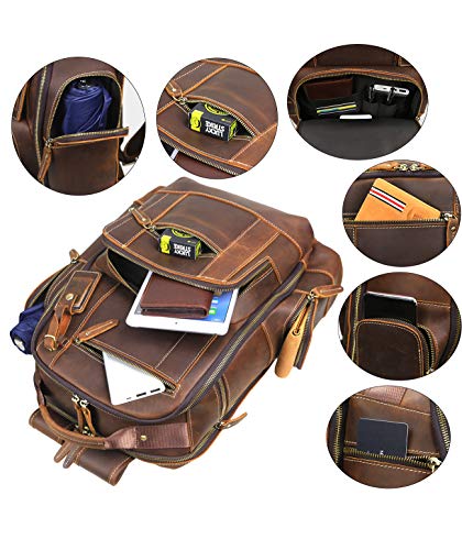 Lannsyne Men's Vintage Full Grain Leather 15.6 Inch Laptop Backpack Camping Travel 24L Rucksack