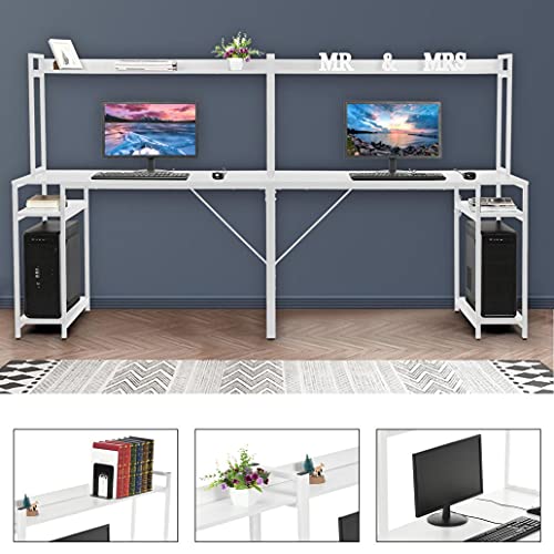 CCHH Double-Person Competitive Desktop Computer Table with Open Shelf, 94.5 Inch Extra Long Desk Writing Study Table Double Workstation Home Office Desk for Two People, Suitable for Gamers (White)