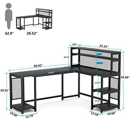 LITTLE TREE 67 inch Large L-Shaped Computer Desk with Hutch and Bookshelf, Home Office Desk with Storage Shelves and CPU Stand, Corner Desk Study Writing Gaming Table Workstation (Black)