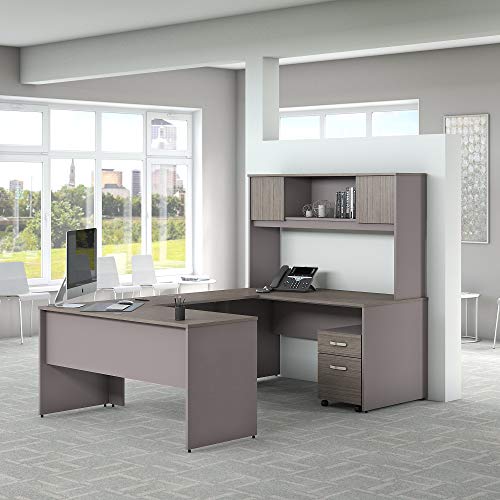 Bush Furniture Commerce 60W U Shaped Desk with Hutch and Mobile File Cabinet in Cocoa and Pewter