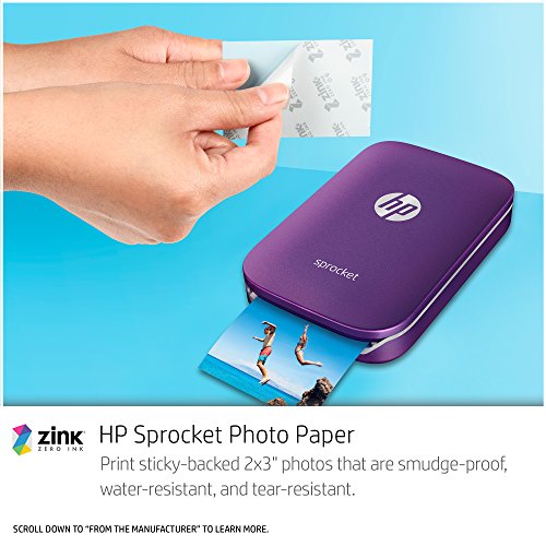 HP Sprocket Portable Photo Printer, Print Social Media Photos on 2x3 Sticky-Backed Paper - Purple (Z9L25A)