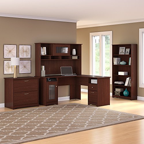 Cabot L Shaped Desk with Hutch, Lateral File Cabinet and 5 Shelf Bookcase