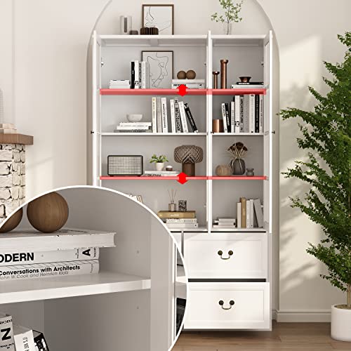 AIEGLE Tall Bookcase with Glass Doors and Drawers, 47.2" Wide 4-Tier Bookshelf - White