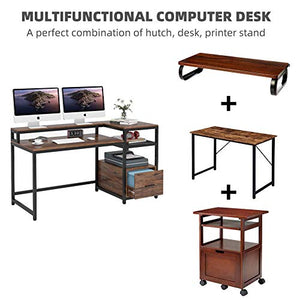 TIYASE Computer Desk with Hutch and Storage Shelves, 59 inch Large Rustic Home Office Desk Computer Table Study Writing Desk Workstation with File Drawer and Monitor Shelf (Vintage Brown)