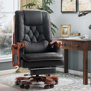 Kinnls Big and Tall Evan Massage Office Chair 2.0 with Footrest - Genuine Leather Executive Chair