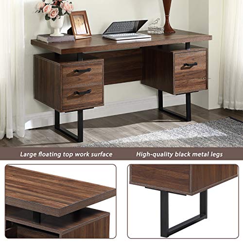 Noskatu Home Office Computer Desk with 3 Drawers, 59" Studying Writing Table with Steel Frame Space Saving Workstation Desk for Small Spaces (Walnut)