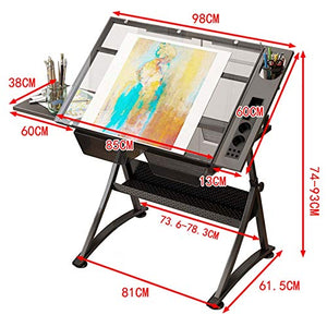 KOUBE Drafting Table Desk, Drafting Table for Artists with Drawers and Stool Glass Top Adjustable Height Angle Tabletop Tilted Art Craft Work Station for Home Office Working