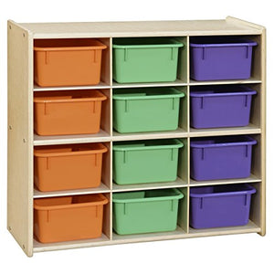 Contender 12 Tray Storage with Assorted Pastel Trays, Montessori Kids Cubby Shelving Unit for Home, Office, Kindergarten, Playroom, Classroom [Fully Assembled]