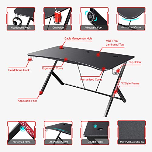 Mr IRONSTONE Large Gaming Desk 63" W x 32" D Home Office Computer Table, Black Gamer Workstation with Cup Holder, Headphone Hook and 3 Cable Management Holes
