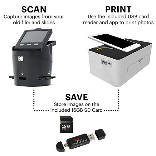 Kodak Scanza Film Scanner & Dock Printer Bundle - Scan, Save and Print Negatives & Slides to 4x6 Prints - Set Includes Kodak Printer Dock, Kodak Scanza Digital Film Scanner & 16GB SD Card w/Reader