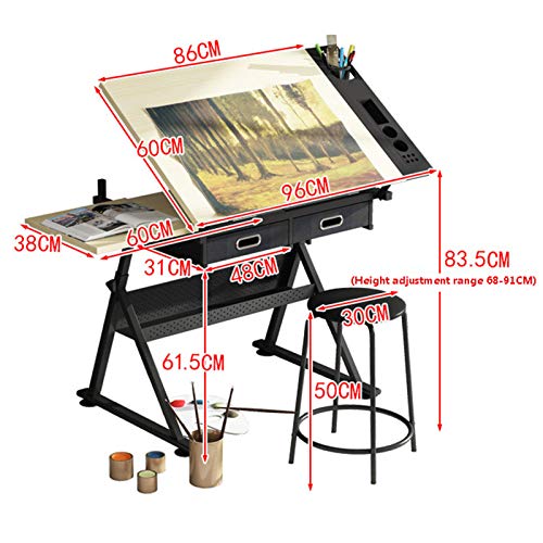 XIONGGG Drafting Desk Wooden Drawing Table, Height Adjustable, Tiltable Tabletop 0°-80°, Art Craft Work Station, with 2 Storage Drawer