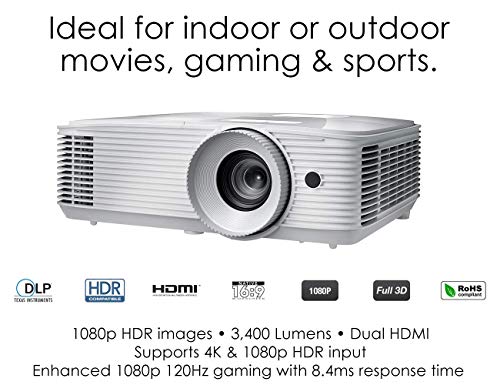 Optoma 3400 Lumens 1080p Home Theater Projector -White (HD27HDR) - (Renewed)