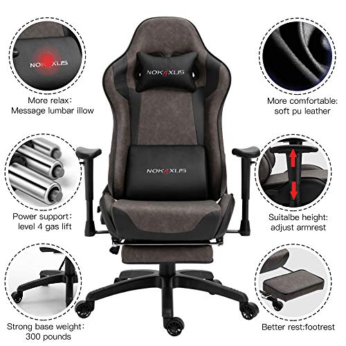 Nokaxus Office Chair Computer Gaming Chair with Massage Lumbar Support and Retractible Footrest PU Leather 90-180 Degree Adjustment of Backrest (YK-6008-BROWN S1)