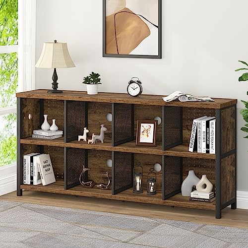 LVB Rustic Horizontal Bookshelf, Industrial Cube Storage Organizer, 63" - Rustic Brown