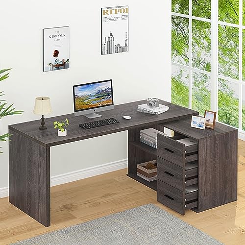 HSH L Shaped Computer Desk with Drawers, Storage Cabinet Shelves - Gray 60 In