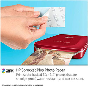 HP Sprocket Plus Instant Photo Printer, Print 30% Larger Photos on 2.3x3.4 Sticky-Backed Paper – Red (2FR87A), Small