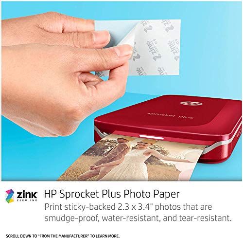 HP Sprocket Plus Instant Photo Printer, Print 30% Larger Photos on 2.3x3.4 Sticky-Backed Paper – Red (2FR87A), Small