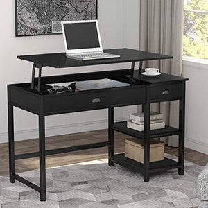 Tribesigns Modern Lift Top Computer Desk with Drawers, 47 inch Writing Desk Study Table Workstation with Storage Shelves, Height Adjustable Standing Desk for Home Office, Small Spaces(Black)