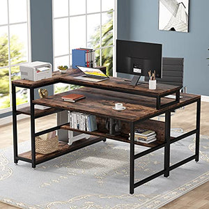 Tribesigns Two Person Desk Double Workstation with Bookshelf,47 x 59 Extra Large Face to Face 2 Person Computer Desk with Monitor Stand Shelf & Storage Shelves, Office Study Table,Rustic & Black