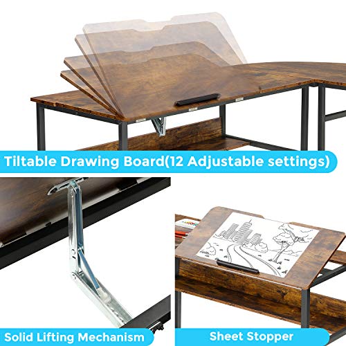 Sedeta L Shaped Desk, 70.9 inches Corner Computer Desk with Monitor Stand Riser, Drafting Drawing Table with Tiltable Desktop, Workstation Study Writing Table Art Desk for Home Office, Rustic Brown