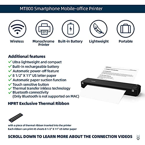 HPRT MT800 Portable Thermal Transfer Printer for Travel 300dpi High Resolution Wireless Printer for Android and iOS Phone Compatible with Windows Linux and MAC Convenient for Home Studying