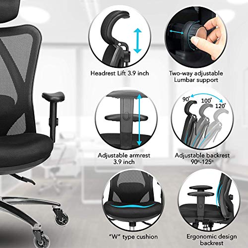 Duramont Ergonomic Adjustable Office Chair with Lumbar Support and Rollerblade Wheels - High Back with Breathable Mesh - Thick Seat Cushion - Adjustable Head & Arm Rests, Seat Height - Reclines