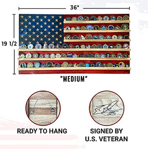 Flags of Valor Challenge Coin Holder Wooden American Flag Wall Decor -Medium - 36" x 19.5” - Made in the USA - Holds 100 Coins. Government Military Challenge Coin Holder Display Made by True Veterans