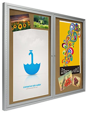 48x36 Enclosed Bulletin Board for Wall Mount with 2 Locking Swing-Open Doors, 4' x 3' Framed Cork Board Includes Wall Bracket, Silver Aluminum with Natural Cork Backing