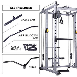 Mikolo Multi-Function Power Cage, 1400 lbs Commercial Weight Cage with Cable Crossover Machine, J-Hooks, Landmine, T-Bar, Dip Bars, Barbell Holder, and Other Attachments