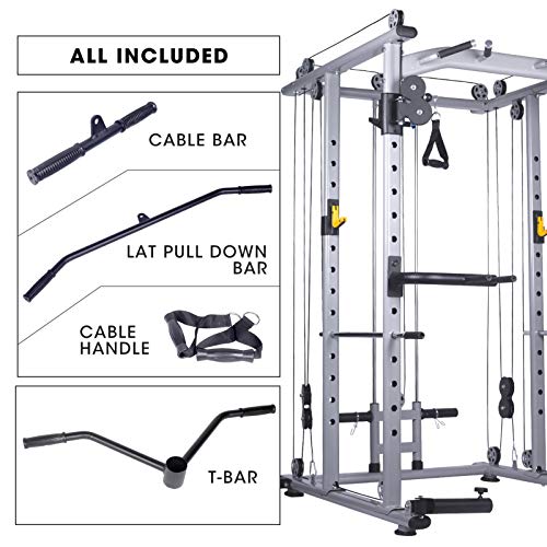 Mikolo Multi-Function Power Cage, 1400 lbs Commercial Weight Cage with Cable Crossover Machine, J-Hooks, Landmine, T-Bar, Dip Bars, Barbell Holder, and Other Attachments