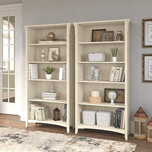 Bush Furniture Salinas 5 Shelf Bookcase Set - Antique White Tall Display Cabinet