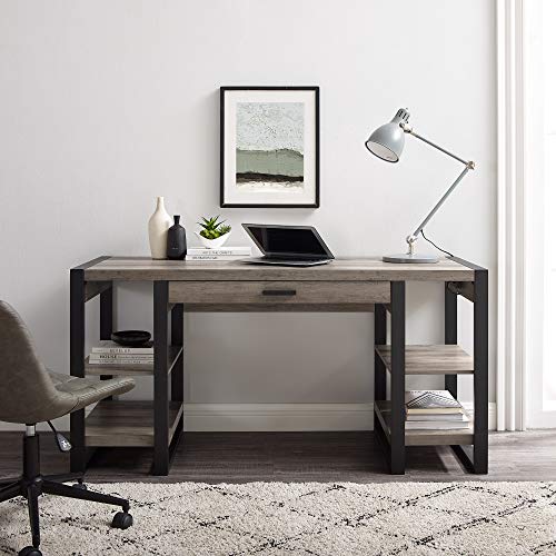 Walker Edison Industrial Wood Computer Writing 4 Storage Shelves and Gaming Gamer Command Center Workstation Desk Home Office, 60 Inch, Grey Wash