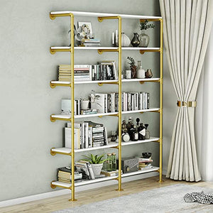 MAIKAILUN 6-Tier 60" Industrial Pipe Shelving, Gold Bookshelf - White/Gold Shelves - Modern Bookcase Metal - Mid Century - Wall Mount Decor - Living Room Retail Shelving (59.1x9.8x84.6)