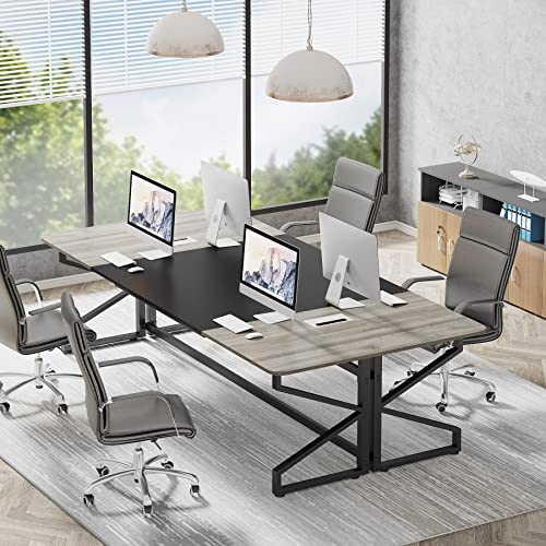 LITTLE TREE 8FT Conference Table, Modern Rectangular Meeting Room Table - Grey & Black