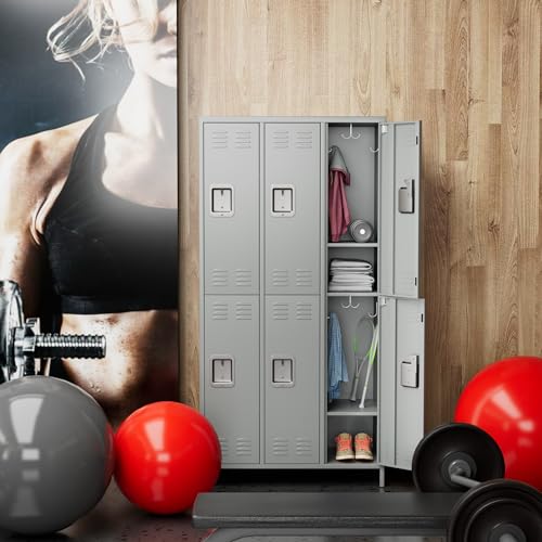 SUXXAN 6 Doors Metal Locker Combination with 12 Hooks, Double Tier Storage Locker W35.43*D15.7*H72 (Light Grey)