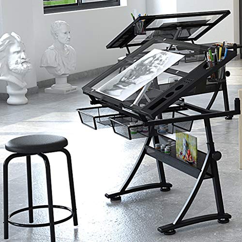 Lgan Tiltable Drawing Table, Adjustable Art Desk, with Storage Craft Table, Drafting Table Glass Panel, Child Adult Drawing Desk