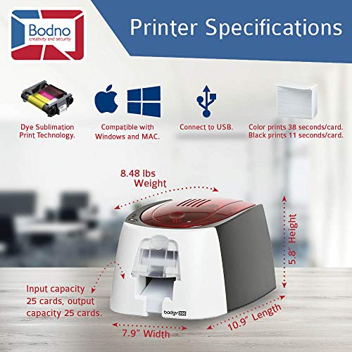 Badgy200 Color Plastic ID Card Printer with Complete Supplies Package with Photo ID Camera & Bodno ID Software - Silver Edition