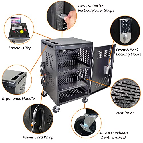 30 Device Laptop Charging Cart for Chromebook Storage - Classroom Charging Station for 30 Chromebook and Laptop Under 14 Inch Screen - Laptop Charging Station with 2 Power Strips with 15 Outlets Each