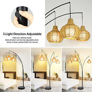 Depuley Adjustable 3-Light LED Arc Floor Lamp with Bamboo Lampshades & Marble Base