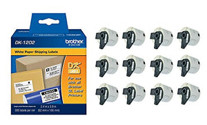 Brother Genuine DK-1202 Die-Cut Shipping Paper Labels, 300 Labels per Roll, 12 Rolls – for Use with QL Label Printers