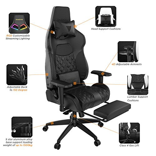 GAMDIAS Multi-Color RGB Gaming Chair High Back with Footrest Adjusting Headrest and Lumbar Support, Black (Achilles P1 Black/Black)