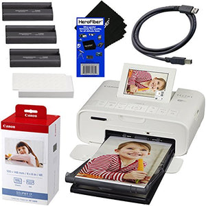 Canon SELPHY CP1300 Desktop or Portable Inkjet Laser Bluetooth Wireless Compact (4x6 Label) Photo Printer (White) Canon KP-108IN Color Ink Paper Set | Includes USB Printer Cable Gentle Cleaning Cloth