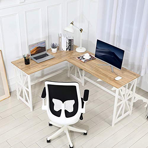 GreenForest L Shaped Desk and Computer Desk Bundle, Industrial Gaming Writing Desk Home Office Furniture Set, Oak