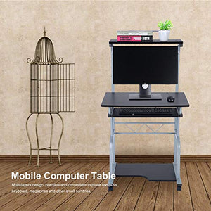 Portable Wooden Computer Desk Rolling Mobile Stand Workstation Laptop Table for Home Office Black
