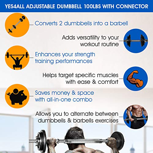 Yes4All Adjustable Dumbbells 40, 50, 52.5, 60, 105 to 200 lbs with Connector Options for Strength Training (P. Dumbbell Adjustable - 190 lbs + Connector)