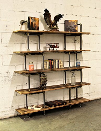 Furniture Pipeline Eugene Industrial vintage 64-inch Large Storage 5-shelf Pipe Bookcase Metal and Reclaimed/Aged Wood Finish