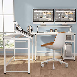 Tribesigns L-Shaped Computer Desk with Monitor Stand Riser, 70.8 inches Corner Computer Desk Study Writing Workstation Drafting Table with Tiltable Drawing Board for Home Office Use (White)