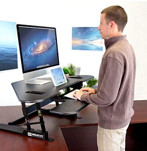 Mount-It! Corner Standing Desk Converter | Height Adjustable 48” Wide Desktop | Corner Stand Up Desk with Gas Spring Handle | Stand Up Computer Workstation with Ergonomic Keyboard Tray | Black