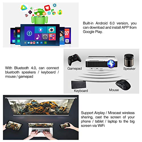 EUG HD Wireless Smart LCD LED Projector with Bluetooth 4600 Lumen, 1080P Supported Android 6.0 OS HDMI USB for Smartphone DVD Roku TV Stick Kodi YouTube Laptop PC Wii Xbox Playstation